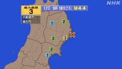 9時18分ごろ、Ｍ４．４　岩手県沖 北緯３９．３度　東経１４２．