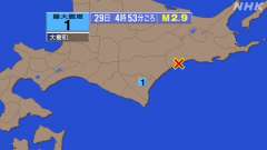 4時53分ごろ、Ｍ２．９　釧路沖 北緯42.9度　東経144.0