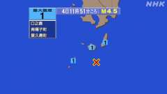 11時51分ごろ、Ｍ４．５　奄美大島北東沖 北緯29.8度　東経