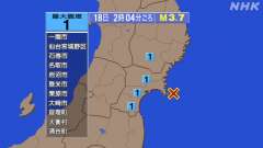 2時4分ごろ、Ｍ３．７　宮城県沖 北緯38.3度　東経141.7