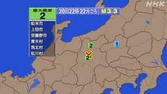 22時22分ごろ、Ｍ３．３　長野県中部 北緯36.3℃　東経13