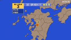 6時40分ごろ、Ｍ２．９　熊本県熊本地方 北緯32.6度　東経1