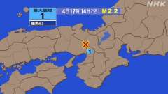 17時14分ごろ、Ｍ２．２　大阪府北部 北緯35.0度　東経13