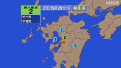 15時29分ごろ、Ｍ３．３　熊本県熊本地方 北緯32.6度　東経