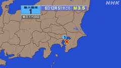 12時51分ごろ、Ｍ３．５　東京湾（沿岸付近） 北緯35.4度　