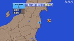 0時11分ごろ、Ｍ３．７　福島県沖 北緯37.5度　東経141.