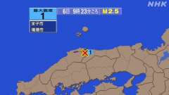 9時23分ごろ、Ｍ２．５　島根県東部 北緯35.4度　東経133