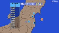 9時11分ごろ、Ｍ４．２　福島県沖 北緯37.7度　東経141.