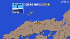 9時31分ごろ、Ｍ２．８　鳥取県中部 北緯35.4度　東経133