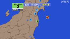 １時59分ごろ、Ｍ４．３　福島県沖 北緯37.7度　東経141.