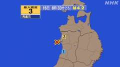 8時33分ごろ、Ｍ４．２　秋田県沿岸北部 北緯39.9度　東経1