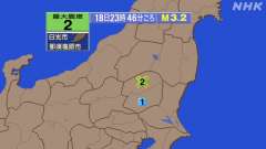 23時46分ごろ、Ｍ３．２　栃木県北部 北緯36.9度　東経13