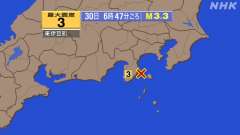 6時47分ごろ、Ｍ３．３　伊豆大島近海 北緯34.8度　東経13