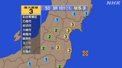 3時10分ごろ、Ｍ５．３　福島県沖 北緯37.2度　東経141.