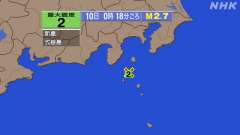 0時18分ごろ、Ｍ２．７　新島・神津島近海 北緯34.4度　東経