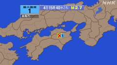 15時40分ごろ、Ｍ２．７　徳島県北部 北緯34.0度　東経13