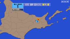 6時12分ごろ、Ｍ１．８　網走地方 北緯43.7度　東経144.