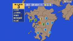 0時49分ごろ、Ｍ３．９　熊本県熊本地方 北緯32.5度　東経1