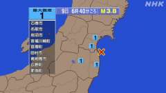 6時40分ごろ、Ｍ３．８　福島県沖 北緯37.8度　東経141.