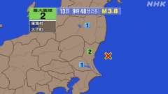 9時48分ごろ、Ｍ３．８　茨城県沖 北緯36.4度　東経141.