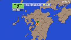 16時30分ごろ、Ｍ２．８　熊本県熊本地方 北緯32.7度　東経