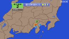 17時59分ごろ、Ｍ３．１　静岡県東部 北緯35.3度　東経13