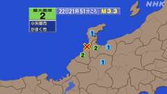 21時51分ごろ、Ｍ３．３　石川県加賀地方 北緯36.7度　東経