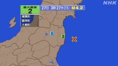 3時27分ごろ、Ｍ４．２　福島県沖 北緯37.2度　東経141.