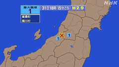 18時15分ごろ、Ｍ２．９　新潟県下越地方 北緯38.0度　東経