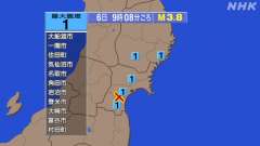 9時8分ごろ、Ｍ３．８　宮城県南部 北緯38.2度　東経140.