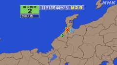 13時44分ごろ、Ｍ２．９　石川県加賀地方 北緯36.7度　東経