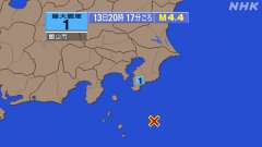 20時17分ごろ、Ｍ４．４　房総半島南方沖 北緯34.2度　東経
