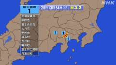 13時54分ごろ、Ｍ３．２　山梨県東部・富士五湖 北緯35.5度