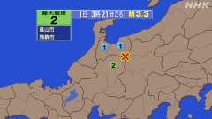 3時21分ごろ、Ｍ３．３　富山県東部 北緯36.4度　東経137