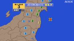 17時25分ごろ、Ｍ４．７　福島県沖 北緯37.6度　東経141