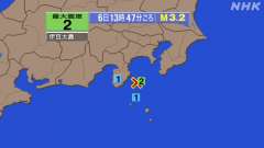 伊豆大島近海地震、 11時9分～時51分まで、震度２が２回、震度
