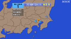 16時13分ごろ、Ｍ２．５　東京都２３区 北緯35.7度　東経1