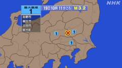 10時11分ごろ、Ｍ３．２　栃木県南部 北緯36.4度　東経13