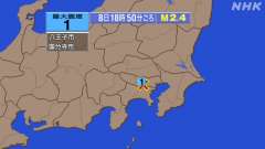 18時50分ごろ、Ｍ２．４　神奈川県東部 北緯35.6度　東経1