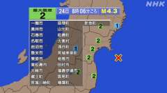 宮城県沖、23時2分まで、震度２が１回、震度１が２回発生、 ht
