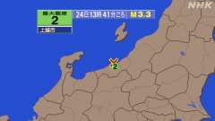 13時41分ごろ、Ｍ３．３　新潟県上中越沖 北緯37.2度　東経