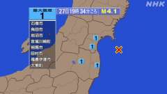 宮城県沖、19時34分まで、震度１が1回発生、 https://