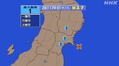 宮城県沖、 17時１分まで、震度１が１回発生、 https://