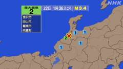 1時36分ごろ、Ｍ３．４　石川県能登地方 北緯36.5度　東経1