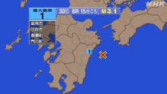 8時15分ごろ、Ｍ３．１　日向灘 北緯32.4度　東経132.1