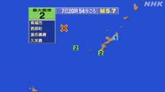 20時54分ごろ、Ｍ５．７　沖縄本島北西沖 北緯27.0度　東経