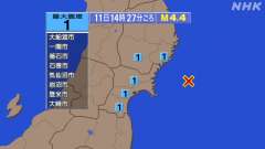 14時27分ごろ、Ｍ４．４　宮城県沖 北緯38.6度　東経142