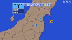 22時20分ごろ、Ｍ３．８　福島県沖 北緯37.8度　東経141