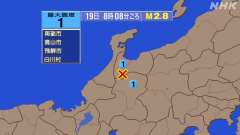 8時8分ごろ、Ｍ２．８　富山県西部 北緯36.4度　東経137.