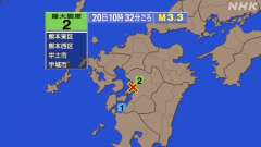 10時32分ごろ、Ｍ３．３　熊本県熊本地方 北緯32.7度　東経